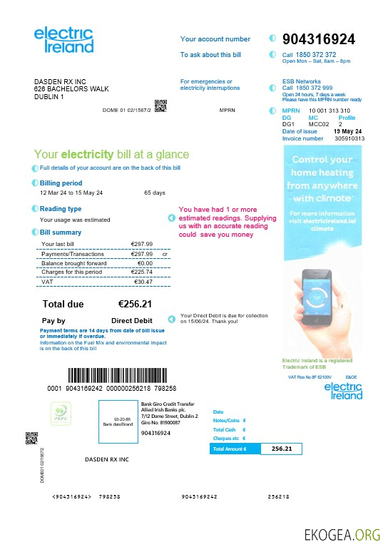Modèle de facture de services publics d'entreprise Ireland Electric Ireland aux formats Word et PDF template Modèle de facture de services publics d'entreprise Ireland Electric Ireland aux formats Word et PDF template